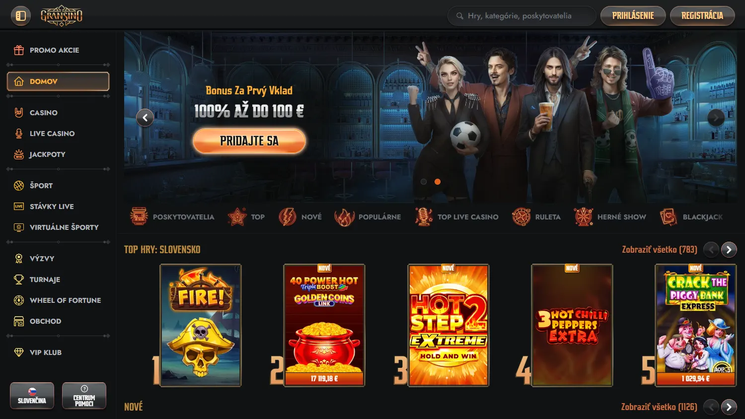 Gransino Casino desktop home with casino and sportsbook access