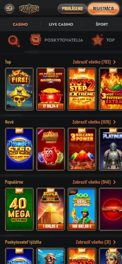 Gransino Casino mobile browser games catalogue