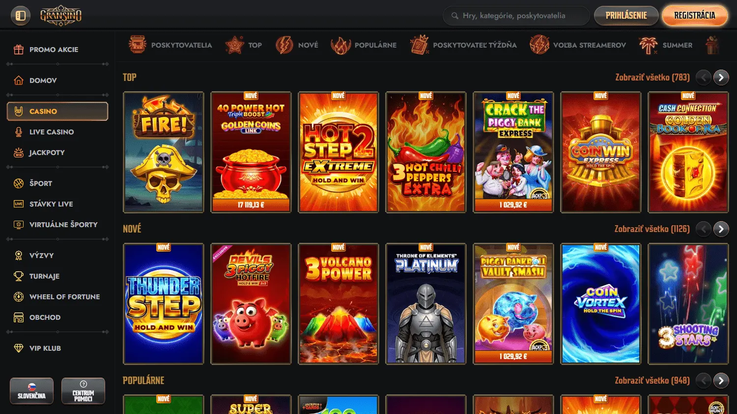 Gransino Casino desktop games catalogue with casino categories