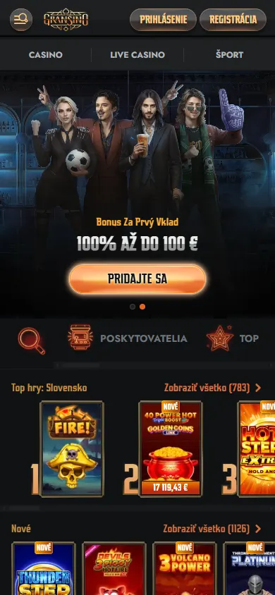 Gransino Casino mobile browser home on an iOS or Android device